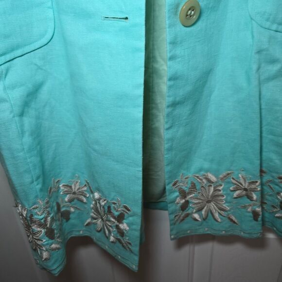 J. Jill 100% Linen Embroidered Duster Jacket Turquoise Aqua Blue Women's Size XS - Picture 8 of 15